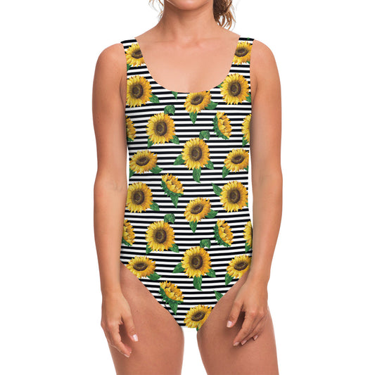 Stripe Sunflower Pattern Print One Piece Swimsuit
