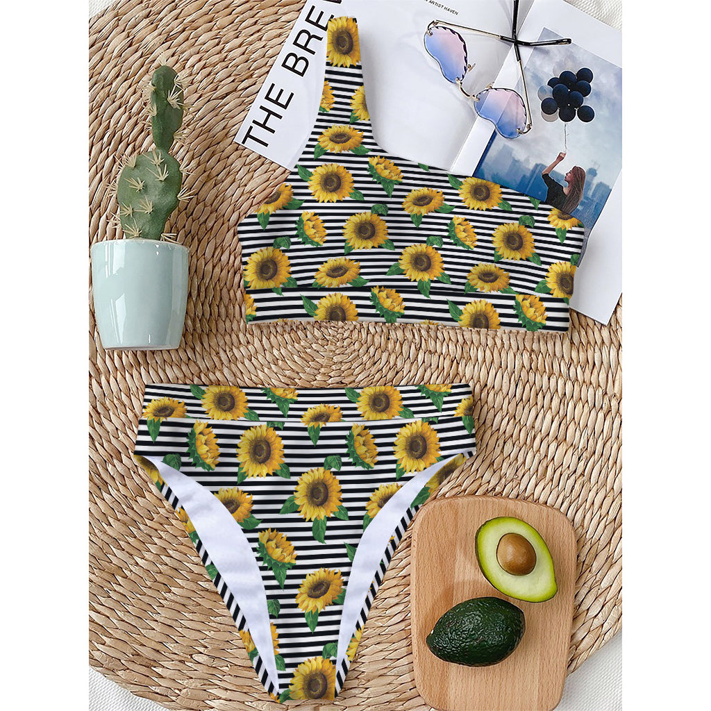 Stripe Sunflower Pattern Print One Shoulder Bikini Top