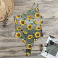 Stripe Sunflower Pattern Print One Shoulder Bodysuit