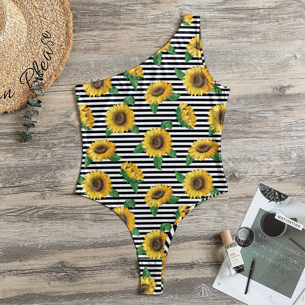 Stripe Sunflower Pattern Print One Shoulder Bodysuit