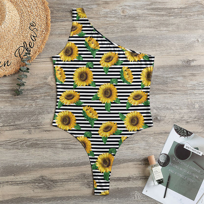Stripe Sunflower Pattern Print One Shoulder Bodysuit
