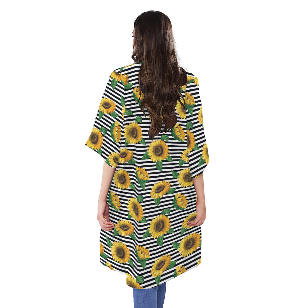 Stripe Sunflower Pattern Print Open Front Beach Cover Up