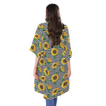 Stripe Sunflower Pattern Print Open Front Beach Cover Up