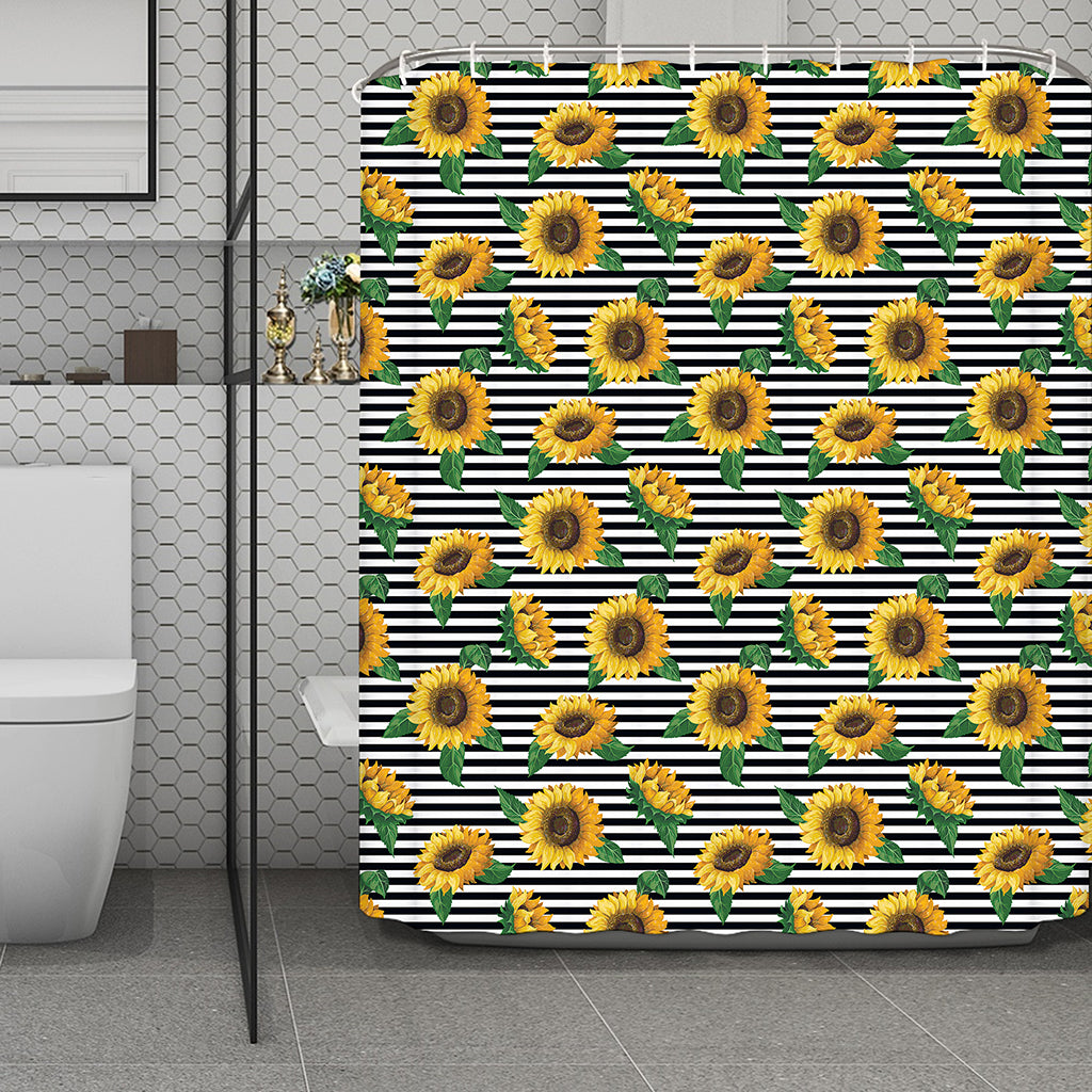 Stripe Sunflower Pattern Print Polyester Shower Curtain