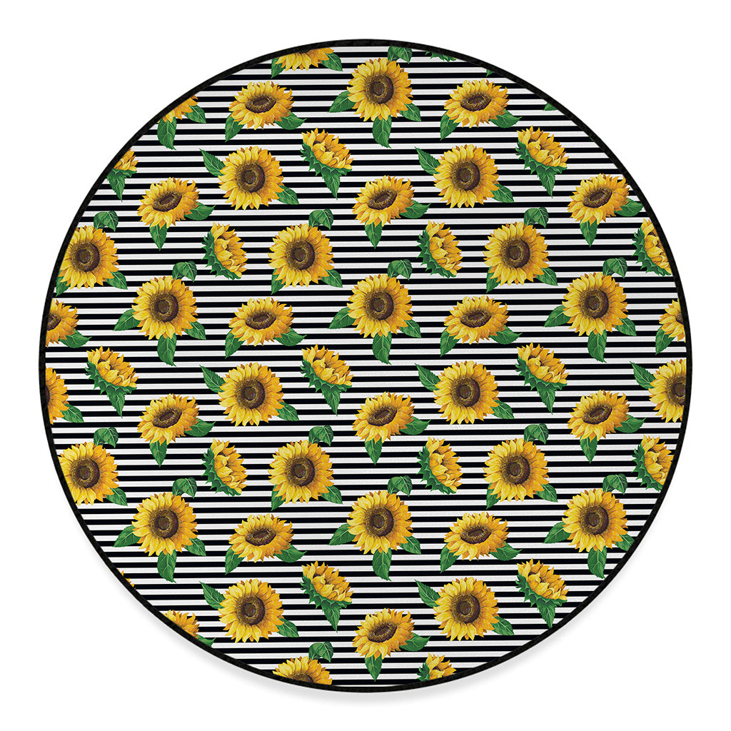 Stripe Sunflower Pattern Print Round Floor Mat
