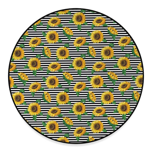 Stripe Sunflower Pattern Print Round Floor Mat