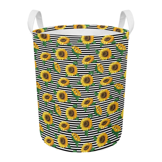 Stripe Sunflower Pattern Print Round Laundry Basket