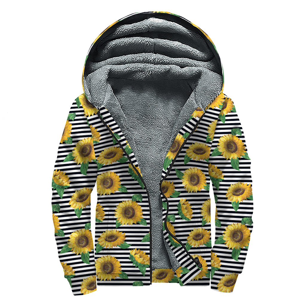 Stripe Sunflower Pattern Print Sherpa Lined Zip Up Hoodie