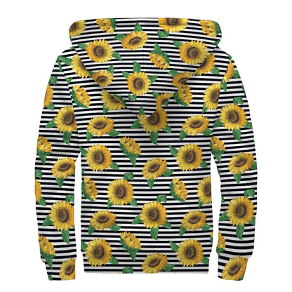 Stripe Sunflower Pattern Print Sherpa Lined Zip Up Hoodie