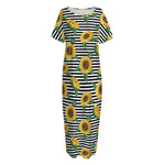 Stripe Sunflower Pattern Print Short Sleeve Long Nightdress