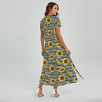 Stripe Sunflower Pattern Print Short Sleeve Maxi Dress