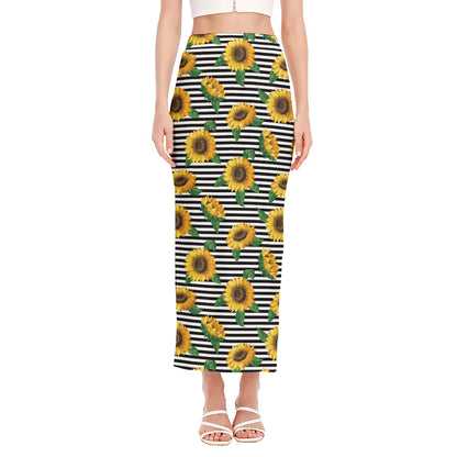 Stripe Sunflower Pattern Print Side Slit Maxi Skirt
