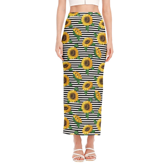 Stripe Sunflower Pattern Print Side Slit Maxi Skirt