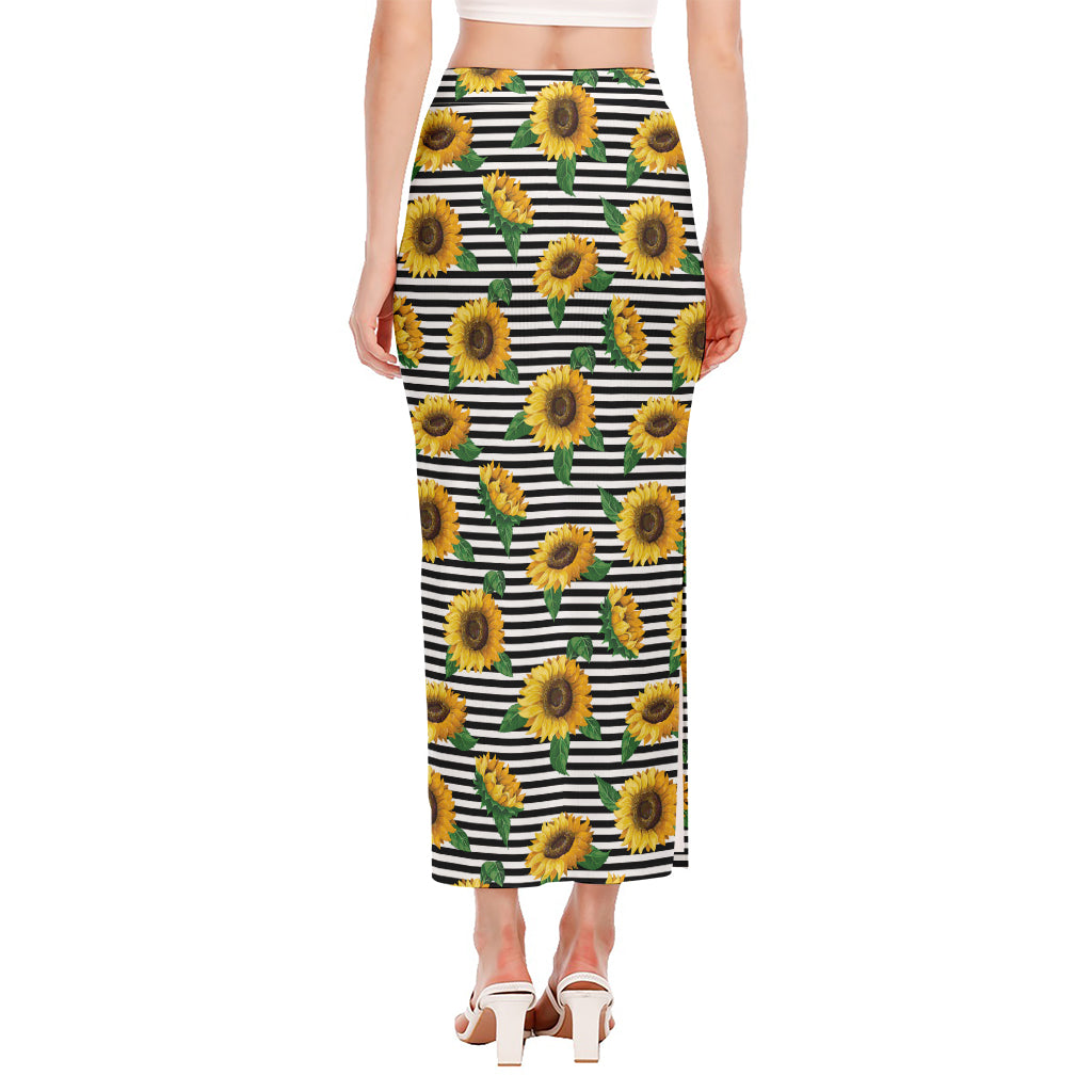 Stripe Sunflower Pattern Print Side Slit Maxi Skirt