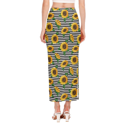 Stripe Sunflower Pattern Print Side Slit Maxi Skirt