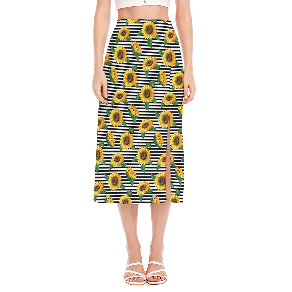 Stripe Sunflower Pattern Print Side Slit Midi Skirt