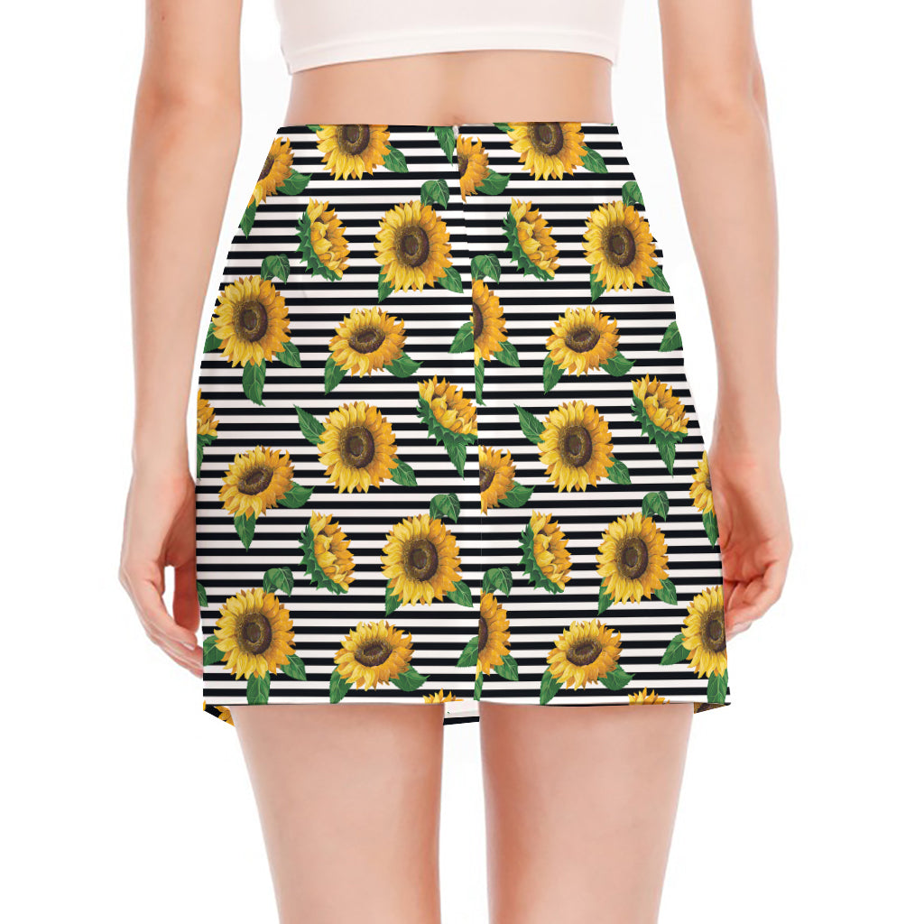Stripe Sunflower Pattern Print Side Slit Mini Skirt
