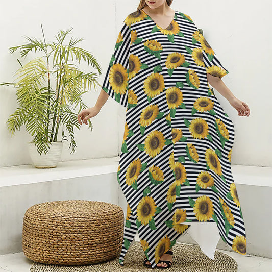 Stripe Sunflower Pattern Print Silk V-Neck Kaftan Dress