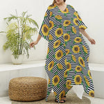 Stripe Sunflower Pattern Print Silk V-Neck Kaftan Dress