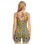 Stripe Sunflower Pattern Print Sleeveless One Piece Swimsuit