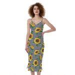 Stripe Sunflower Pattern Print Slim Fit Midi Cami Dress