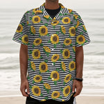 Stripe Sunflower Pattern Print Textured Short Sleeve Shirt