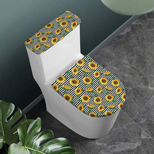 Stripe Sunflower Pattern Print Toilet Lid And Tank Cover Set