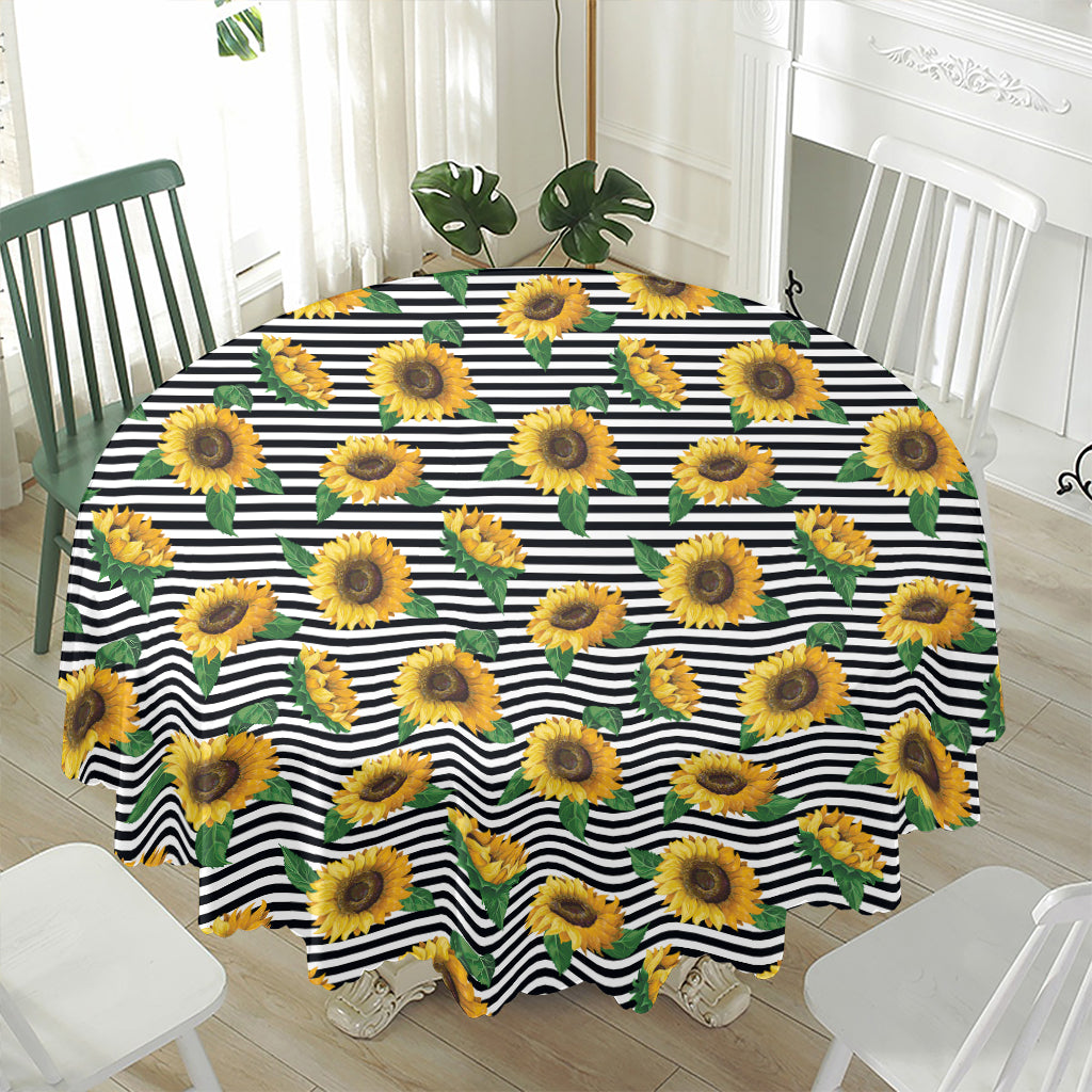 Stripe Sunflower Pattern Print Waterproof Round Tablecloth