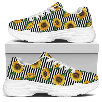 Stripe Sunflower Pattern Print White Chunky Shoes