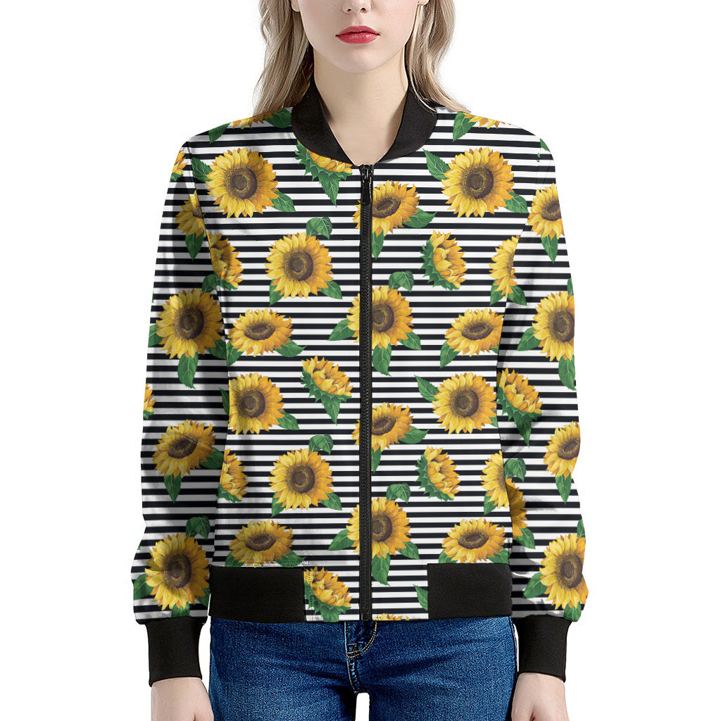 Stripe Sunflower Pattern Print Women's Bomber Jacket