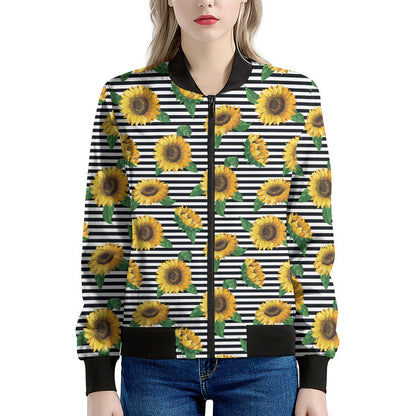 Stripe Sunflower Pattern Print Women's Bomber Jacket