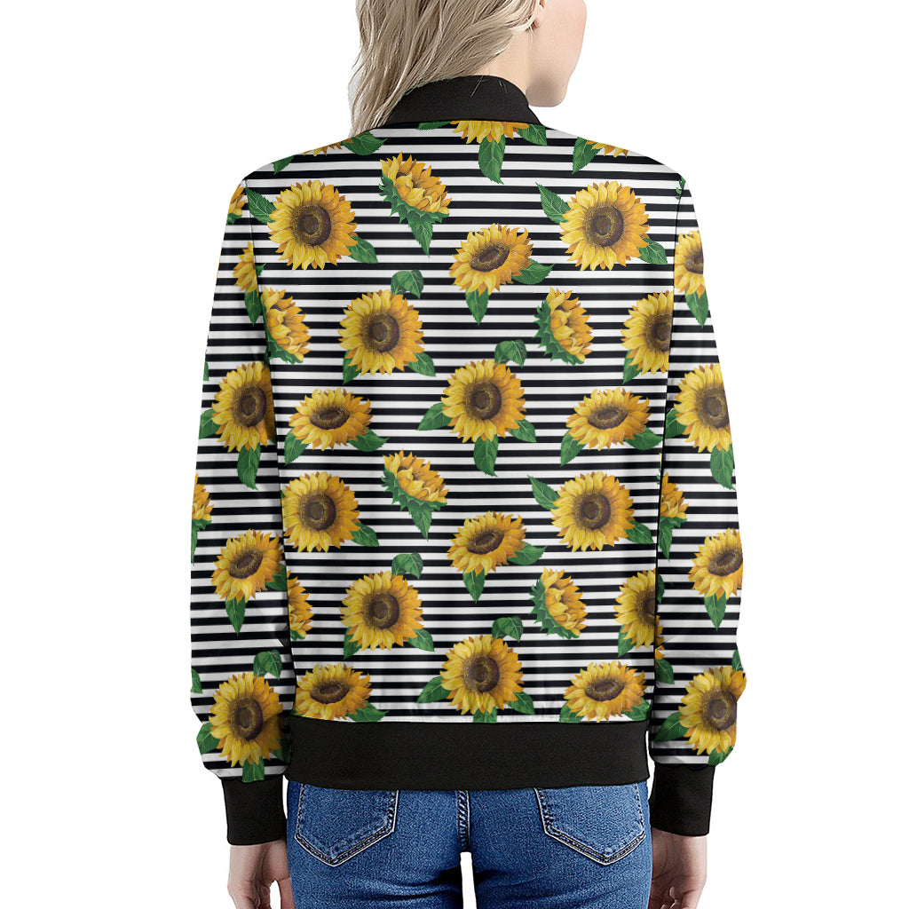 Stripe Sunflower Pattern Print Women's Bomber Jacket
