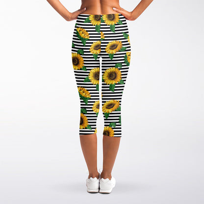 Stripe Sunflower Pattern Print Women's Capri Leggings