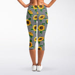 Stripe Sunflower Pattern Print Women's Capri Leggings