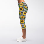 Stripe Sunflower Pattern Print Women's Capri Leggings