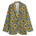 Stripe Sunflower Pattern Print Women's Cotton Blazer