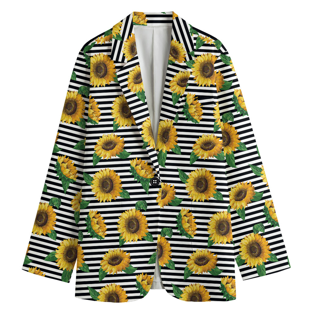 Stripe Sunflower Pattern Print Women's Cotton Blazer
