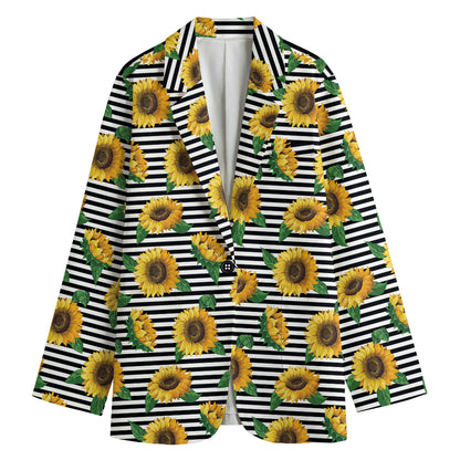 Stripe Sunflower Pattern Print Women's Cotton Blazer