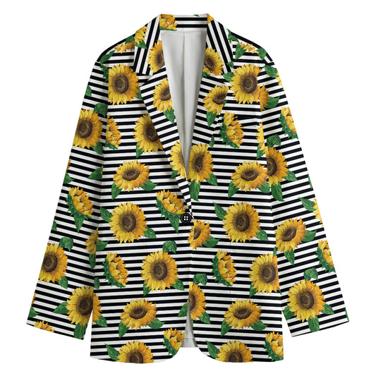 Stripe Sunflower Pattern Print Women's Cotton Blazer