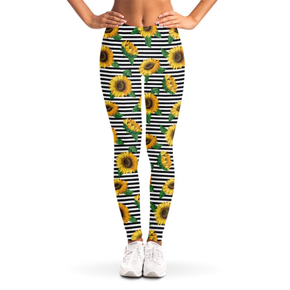 Stripe Sunflower Pattern Print Women's Leggings