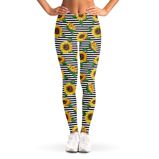 Stripe Sunflower Pattern Print Women's Leggings