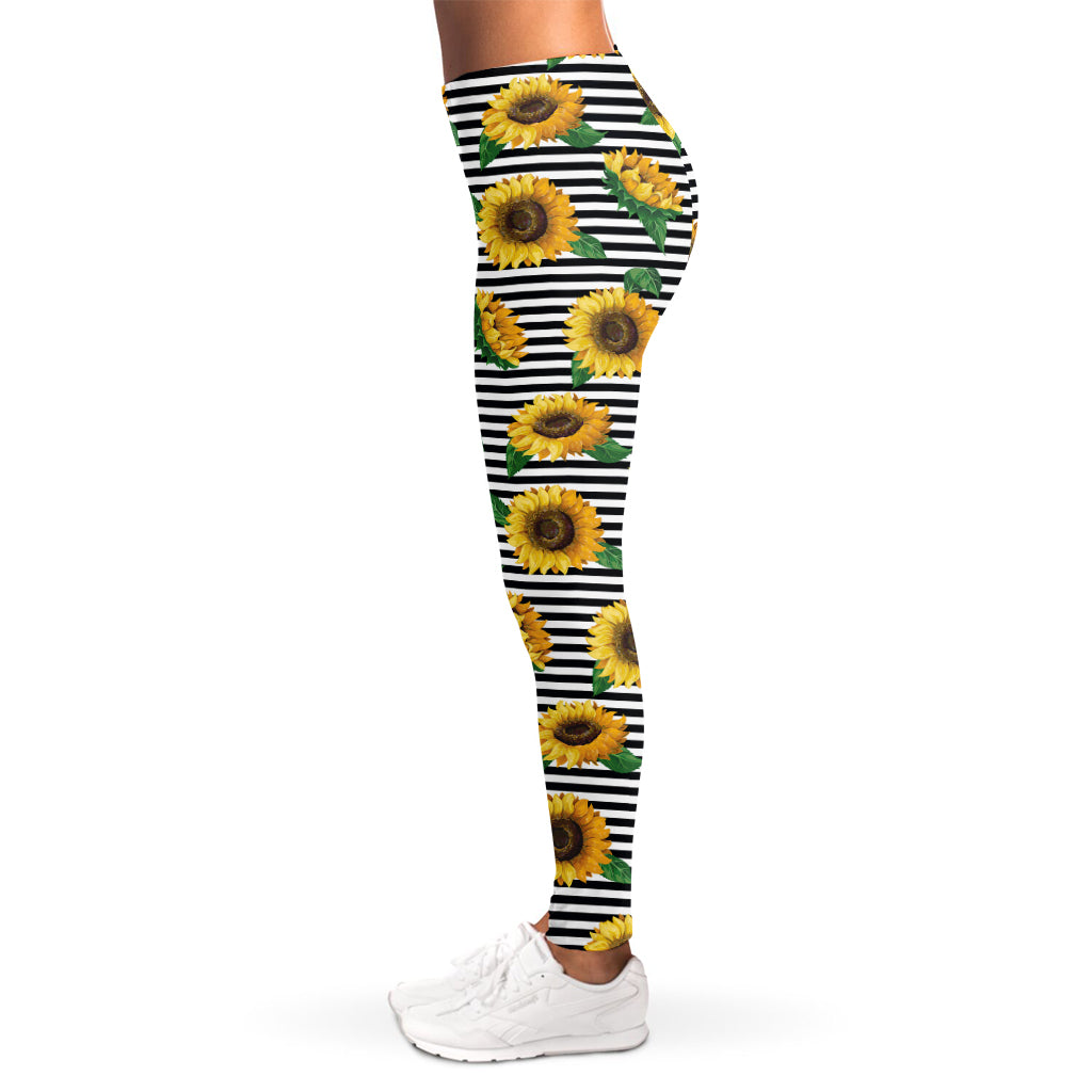Stripe Sunflower Pattern Print Women's Leggings