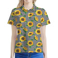 Stripe Sunflower Pattern Print Women's Polo Shirt
