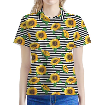 Stripe Sunflower Pattern Print Women's Polo Shirt