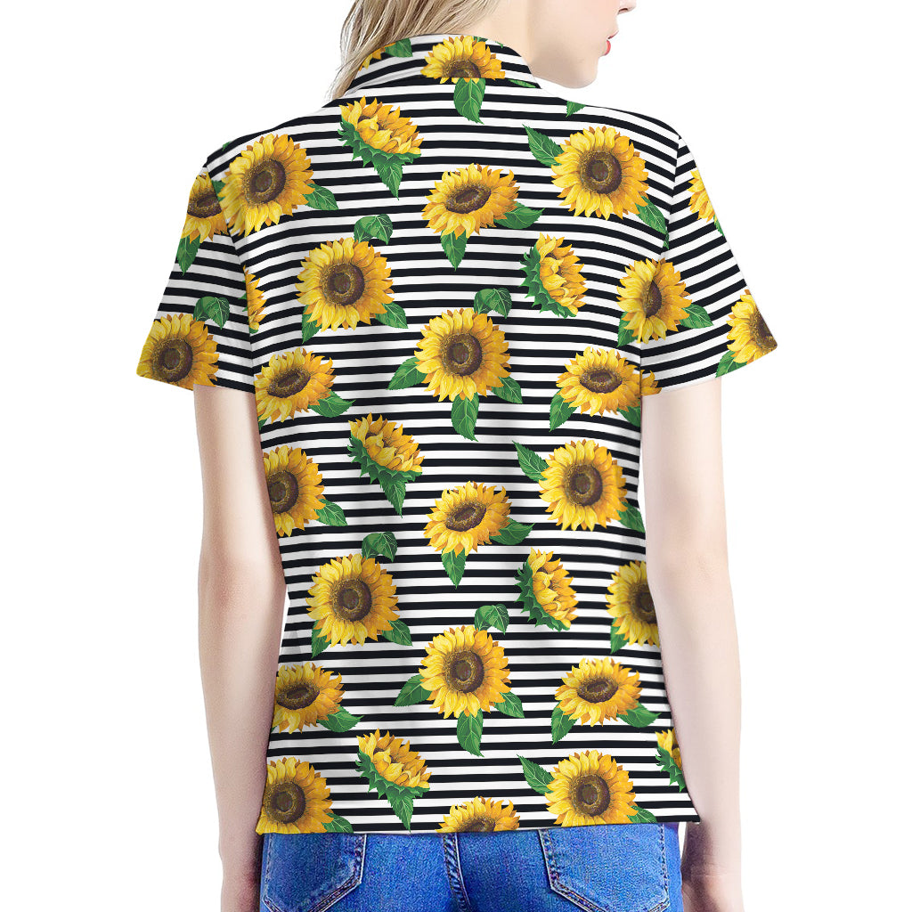 Stripe Sunflower Pattern Print Women's Polo Shirt