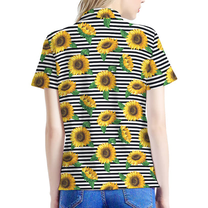 Stripe Sunflower Pattern Print Women's Polo Shirt