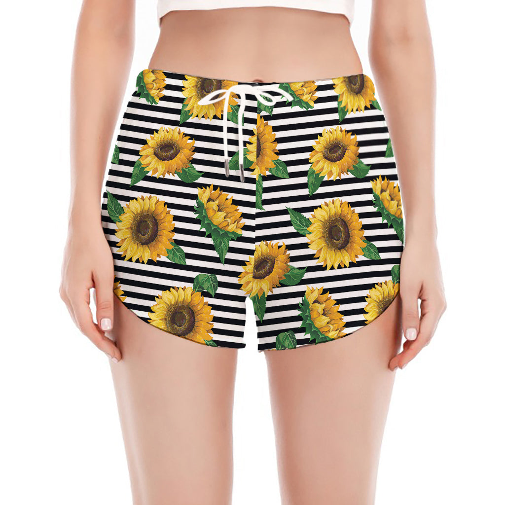 Stripe Sunflower Pattern Print Women's Split Running Shorts