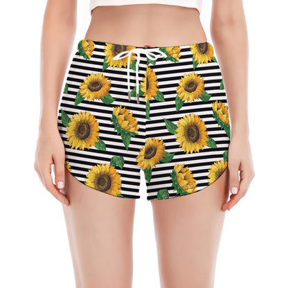 Stripe Sunflower Pattern Print Women's Split Running Shorts