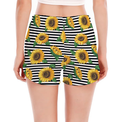 Stripe Sunflower Pattern Print Women's Split Running Shorts