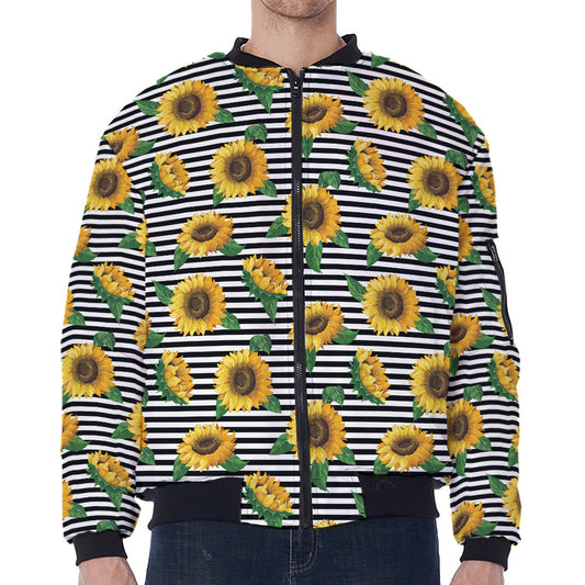 Stripe Sunflower Pattern Print Zip Sleeve Bomber Jacket